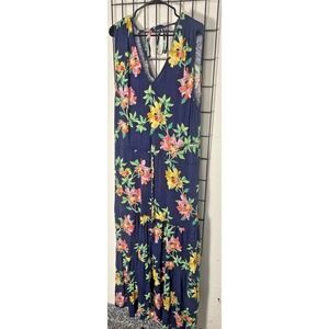 Tommy Bahama Floral Maxi Dress Women's L Navy Tropical Resort Sundress Sleeveles